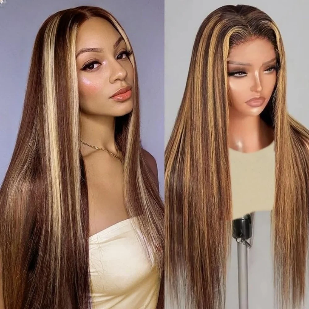 Longo highligt marrom 26 Polegada 180 densidade reta peruca dianteira do laço para mulheres com cabelo do bebê sintético sem cola perucas de uso diário