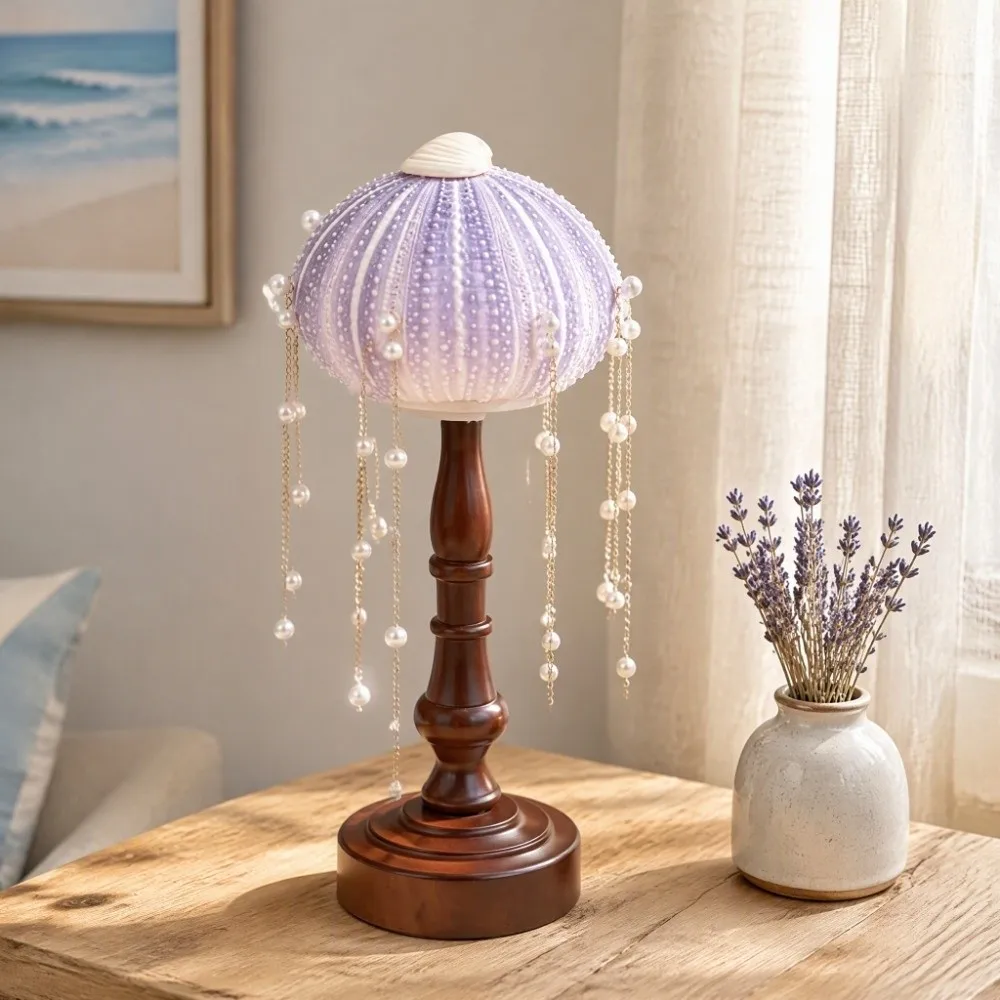 DIY Sea Urchin Shell Table Lamp Vintage European Handmade Atmosphere Lamp Pearl Tassel Mini Night Light Holiday Gift