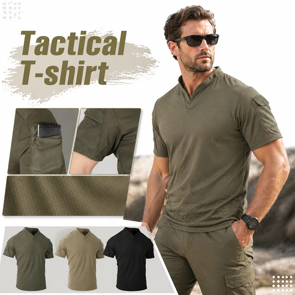 

Tactical V-Neck T-Shirt with Pocket Quick Dry Breathable Short Sleeve Summer Outdoor Sports Tee for Training Hiking Casual Wear