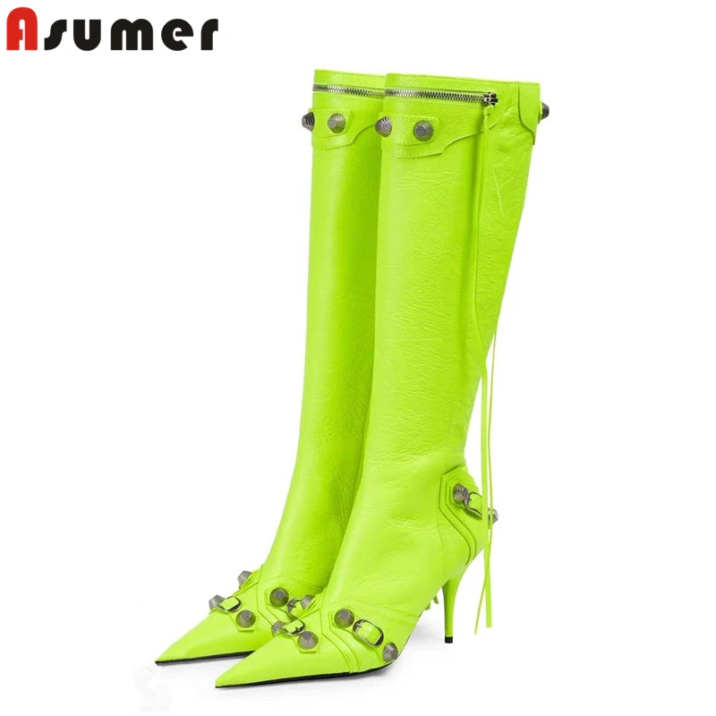 

ASUMER Size 35-43 Brand Knee High Boots Women Pointed Toe Stiletto High Heels Sexy European Party Women's Motorcycle Boots