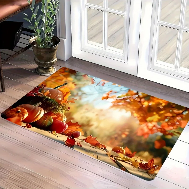 Watercolor Pumpkin Maple Welcome Doormat, Fall Harvest Sunflower Print Front Door Mat, Autumn Entryway Decor Rug
