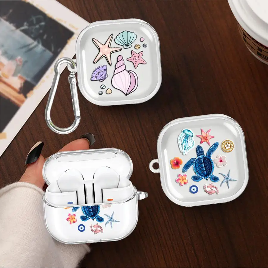 Clear Earphone Cases Cover With Hook Case For Redmi Galaxy Buds 5 7 6Active 8 Lite 8Active 6 Pro Pastel Ocean Turtle Stickers