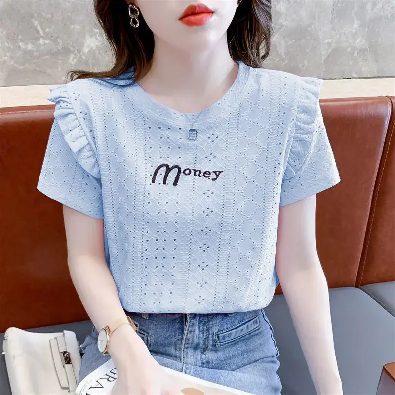 Ruffled Lace White T-shirt for Women Short Sleeve Clothes 2026 Summer New Letter Embroidery Hollow-out Crew Neck Tops