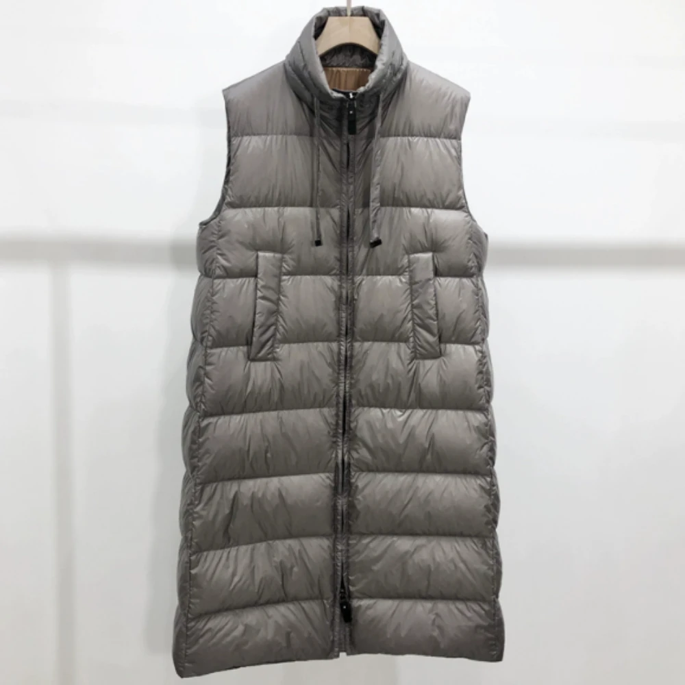 2025 New Autumn Winter Women Long Down Vest Fashion Casual Loose Warm Coat Knee Length Stand Collar 90 White Duck Down Jacket