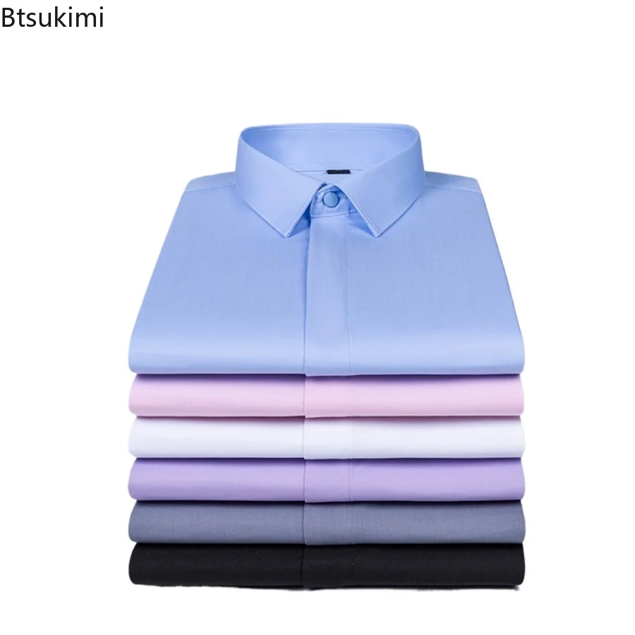 

Hidden Collar Bamboo Fiber Wrinkle Resistant Shirt Men's No Ironing Business Casual Long Sleeved Shirt Wedding Groomsman Shirt