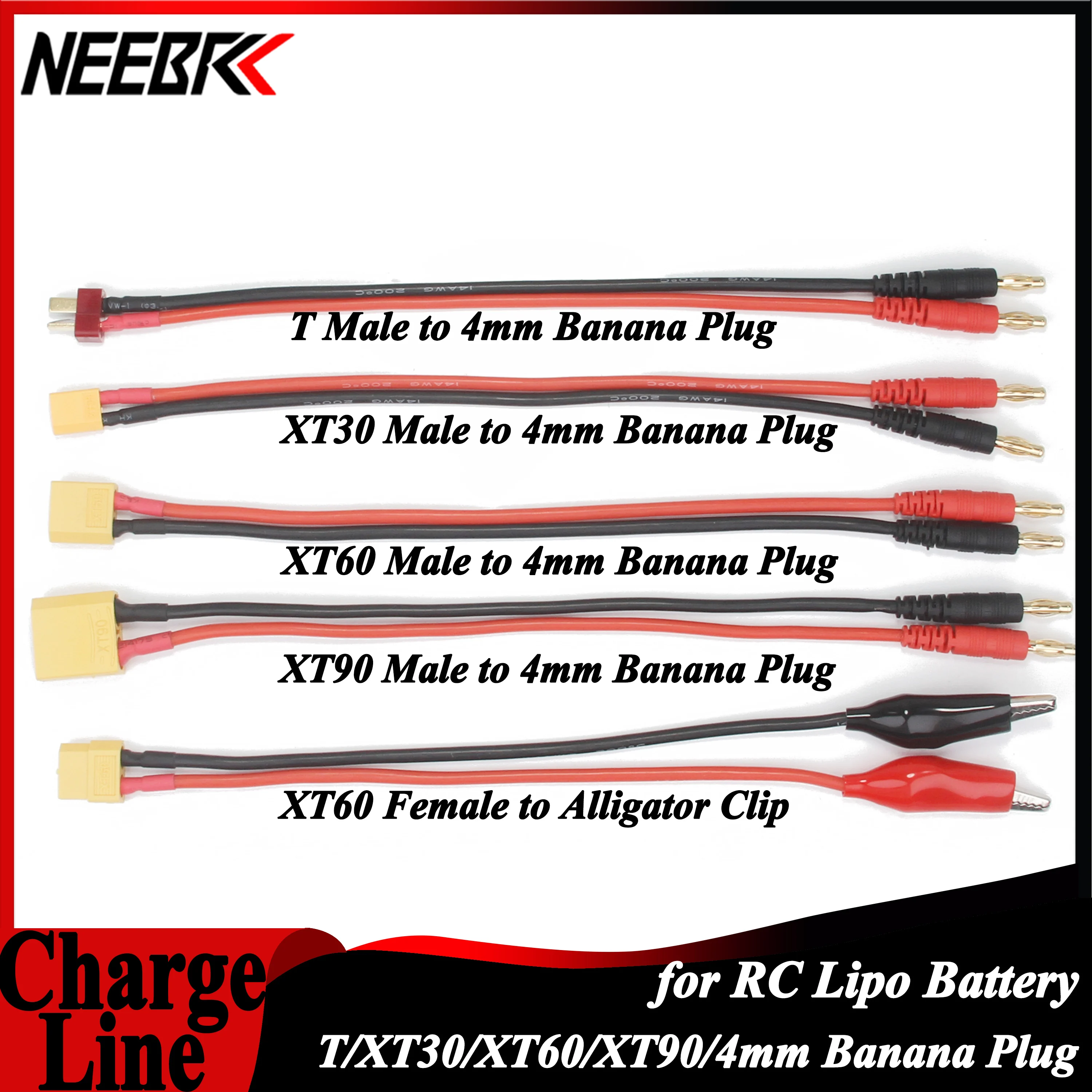 

NEEBRC XT30 XT60 XT90 T Plug Charge Line Male/Female Connector Plug to 4mm Bannana Plug Silicone Wire 200mm for RC Battery Cable