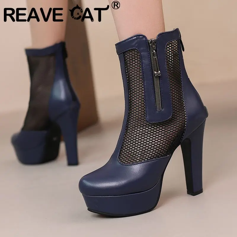 REAVE CAT Letnie buty damskie Okrągłe palce Bardzo wysoki obcas 11,5 cm Platforma 2,5 cm Oddychająca siatka 48 49 50 Seksowne randki Bota