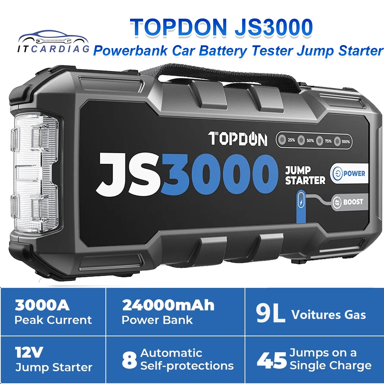 TOPDON JS3000 3000A 24000mAh 12V Multi-function Portable Car Automotive Battery Booster Box Kit Pack Power Bank Car Jump Starter