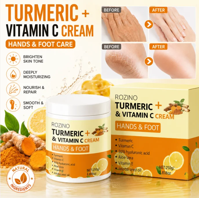 ROZINO Turmeric Vitamin Hand and Foot Cream has a fine and soft texture, and is refreshing and non-sticky when applied. Infused with turmeric and a variety of vitamin nourishing ingredients, it gently repairs fragile skin on hands and feet, alleviates dryness, flaking, and rough, cracked issues. It penetrates and absorbs quickly, providing long-lasting hydration and moisture retention, meeting the daily repair and care needs of the skin on hands and feet.