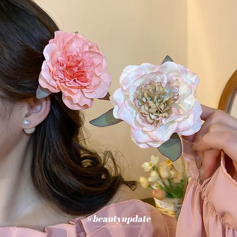 9cm Peony Hair Clip Antique Romantic Side Clip Gradient Flowers Duckbill Clip Hair Pin Woman Headwear Barrette Bridal Headdress