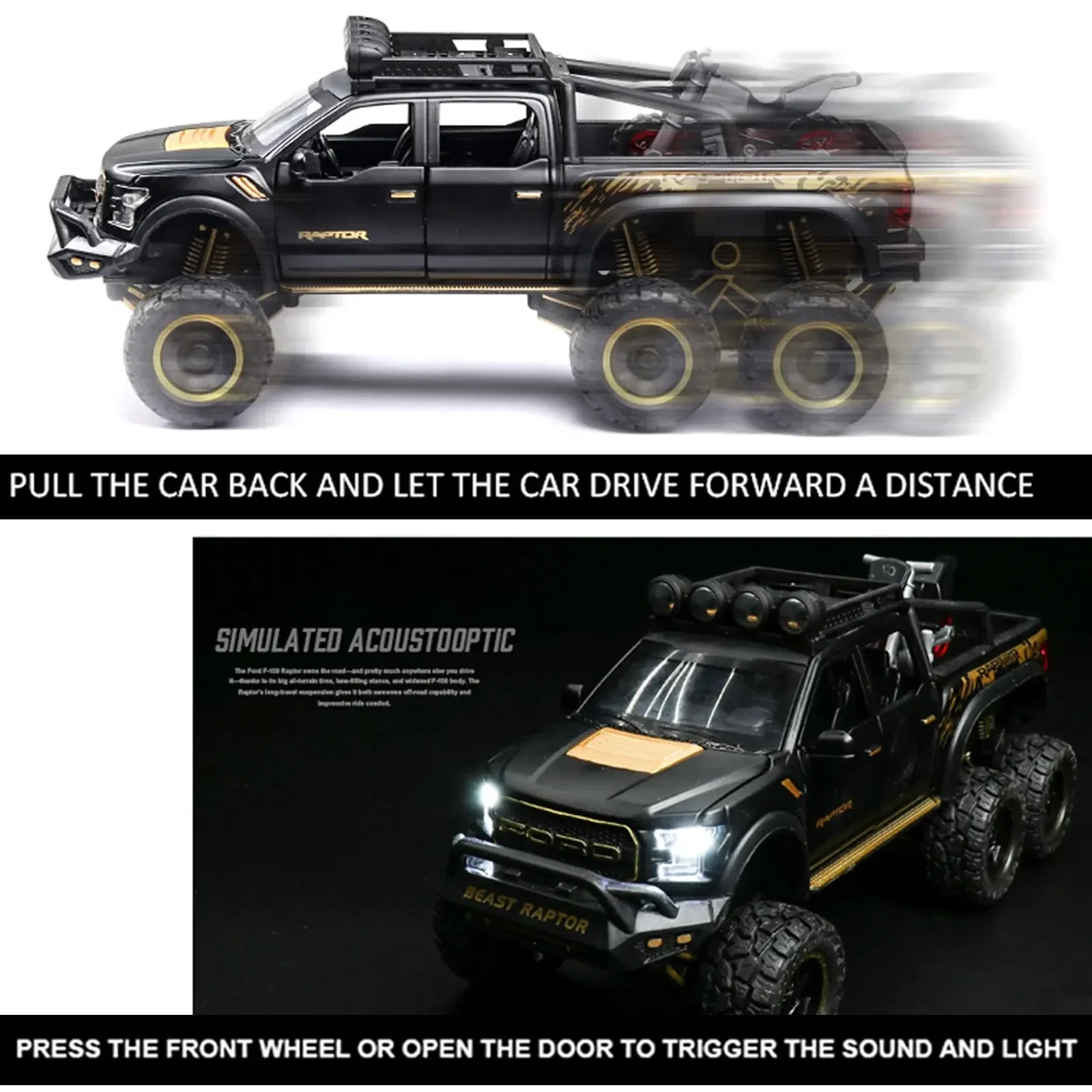 F150 Raptor Diecast Metal Model Belonging To Off-road Vehicles Car With Sound and Light For Boys Children Toys Collection Gifts