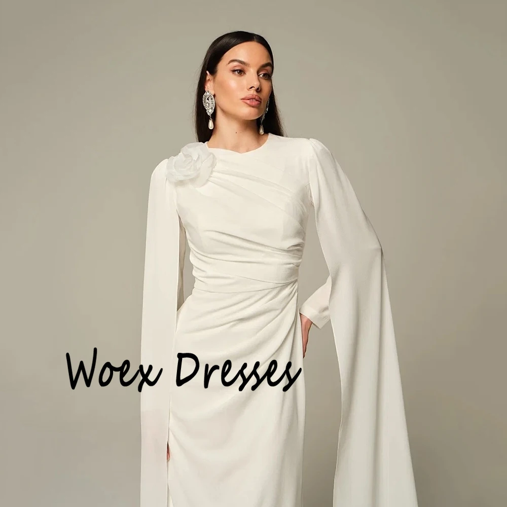 Customized White O-neck Chiffon Mermaid Formal Evening Dress Sweep Train Full Sleeves Party Gown Flower Floor Length Prom Gown
