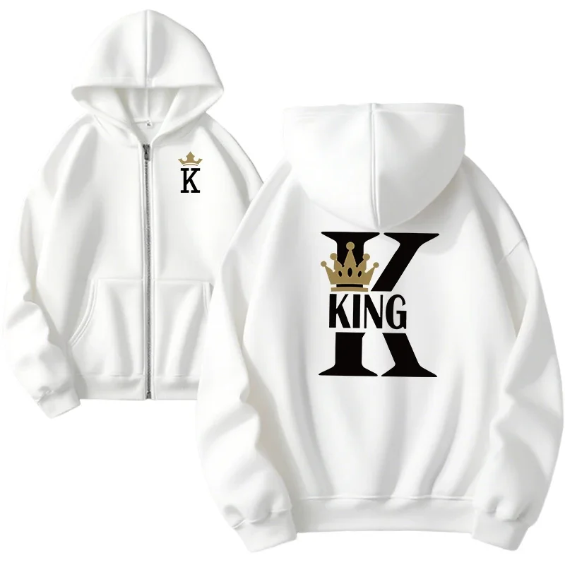 

Autumn Winter Couple Hooded Zip Up Sweatshirts King Queen Print Hoodie for Women Men Urban Casual Fashion Sporty Coat Streetwear