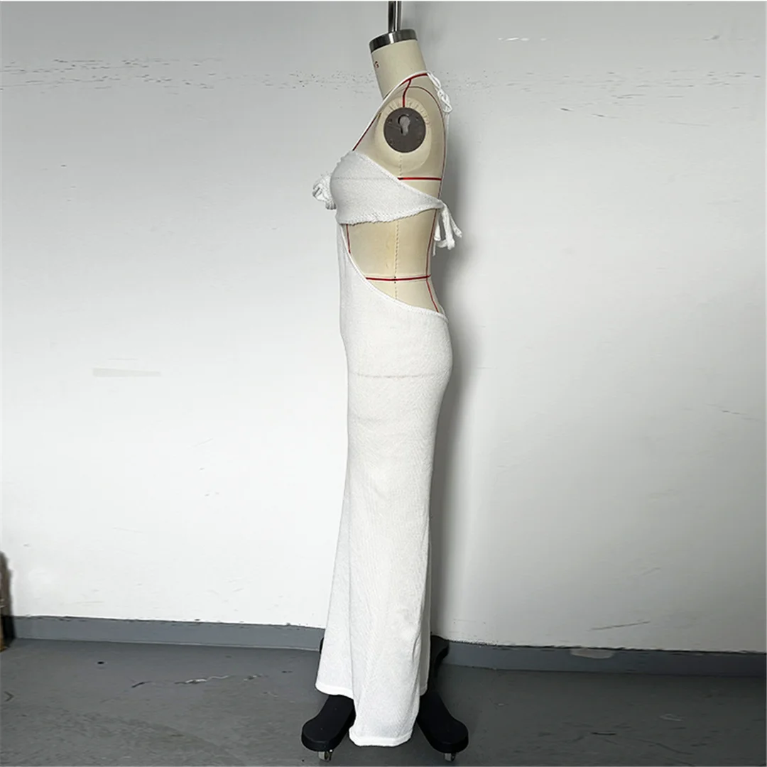 3D-Blumen-Halterneck-Strickkleid mit offenem Rücken, Strandkleid, Strandmode, Strandüberwurf, Damen V6852 – Detail 14