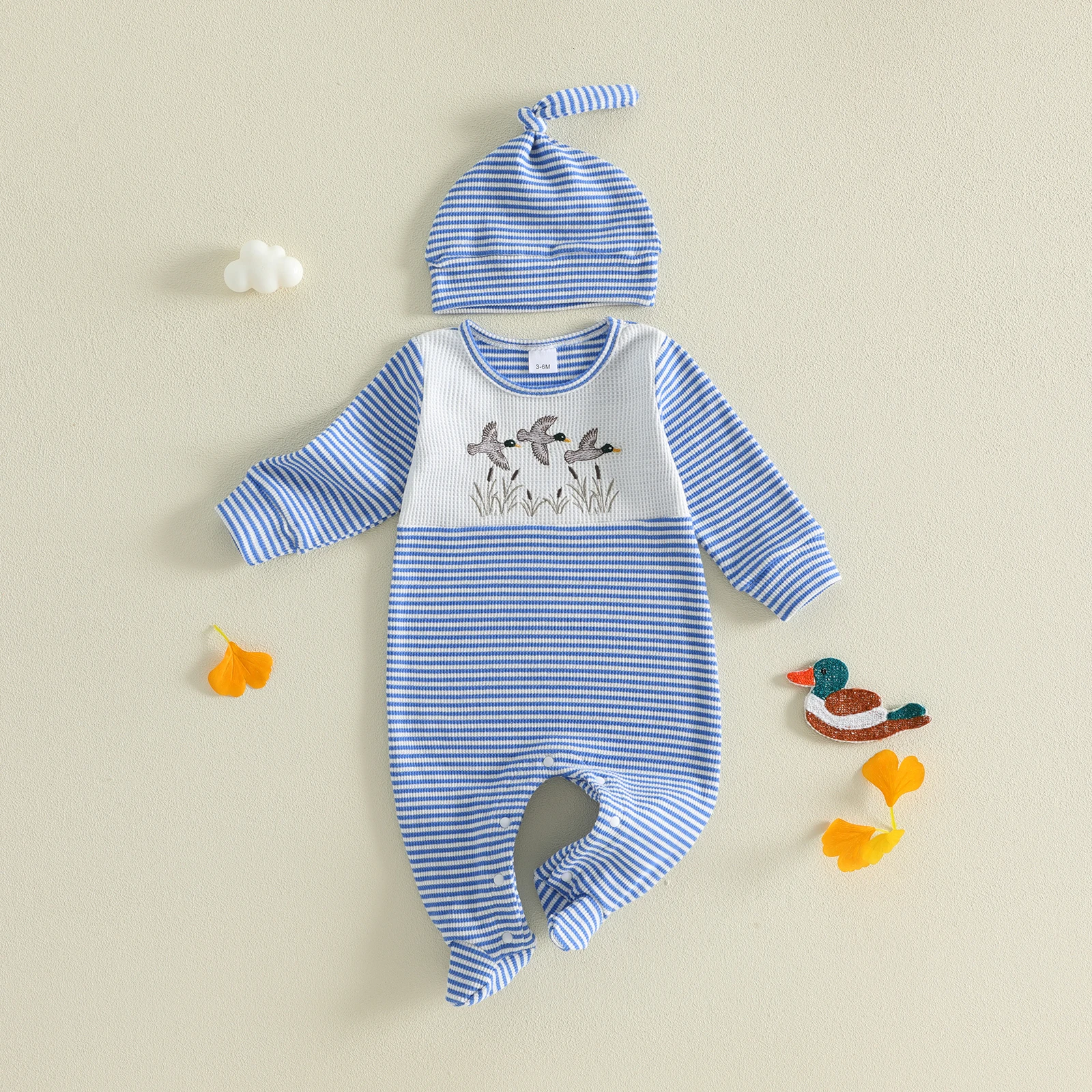 Baby Boy Waffled Stripe Romper Embroidery Long Sleeve Footed Jumpsuit Hat Baby Boys Autumn Clothes