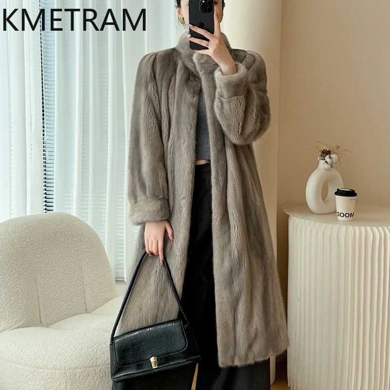 진짜 밍크 모피 코트 여성 고급 회색 롱 퍼 재킷 고품질 겨울 여성 의류 스탠드 칼라 퍼 재킷 2025 푸루르