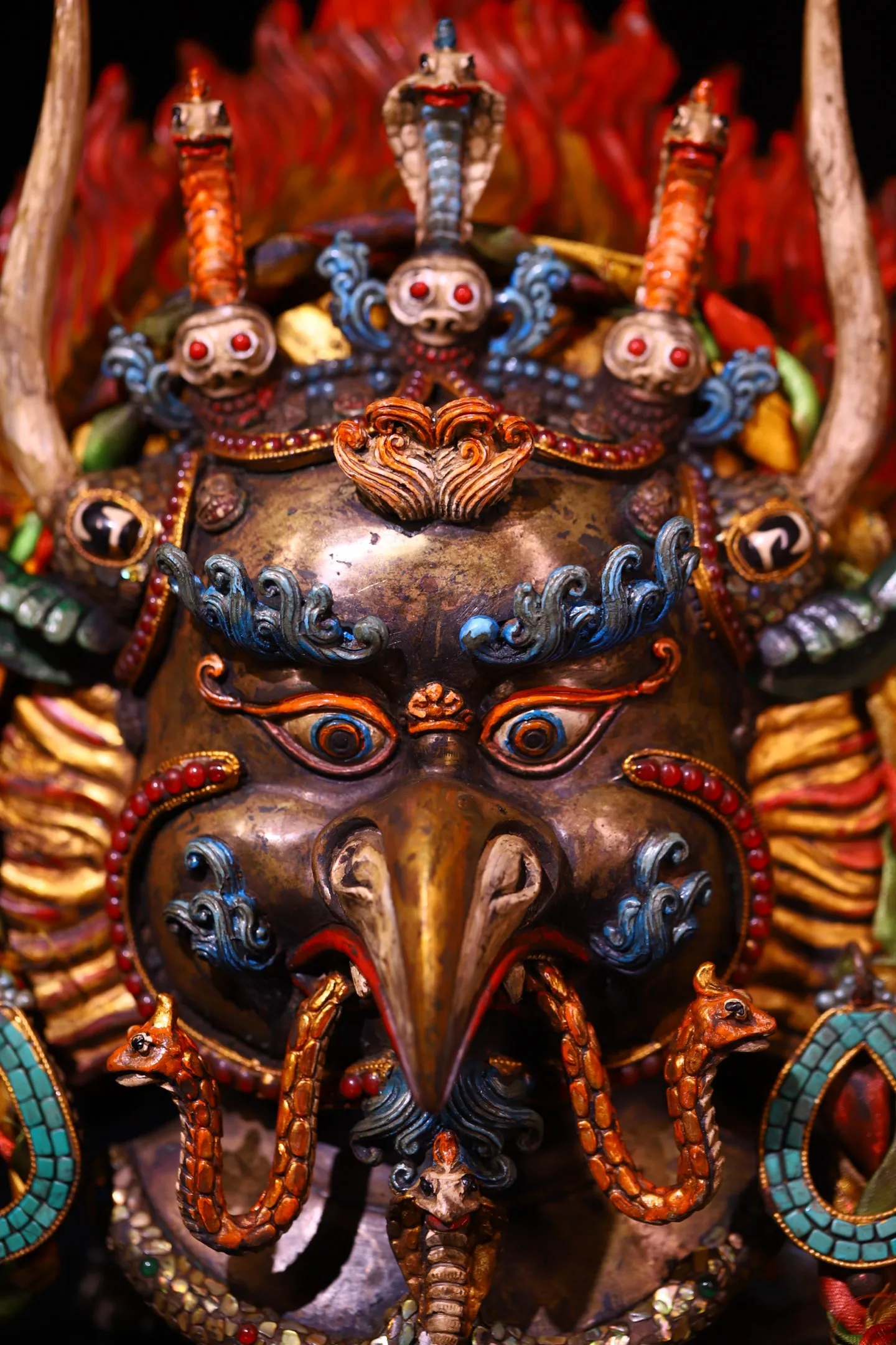 Old Lima Copper Painted Mosaic Gem gZi Beads Turquoise Garuda Buddha head mask Winged Bird Head hanging panel Town House