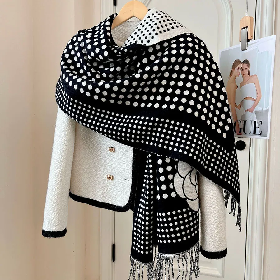 

Elegant Black White Covering Yarn Cotton Scarf Classic Fashion Winter Neckerchief Women Shawl Long