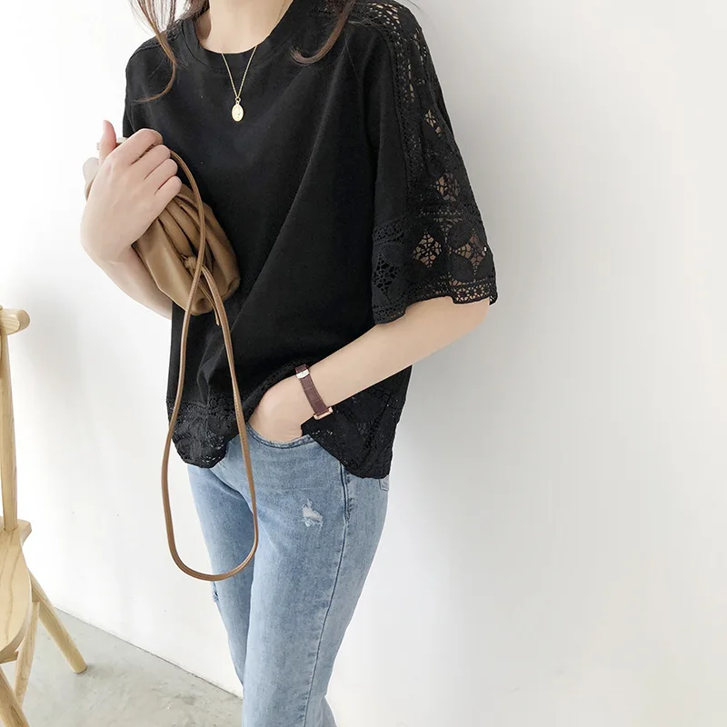 Summer Lace Splice Hollow out round Ne ort Sve T-irt Women's Versatile irt Commute Sle Loose Fit Artistic Pattern