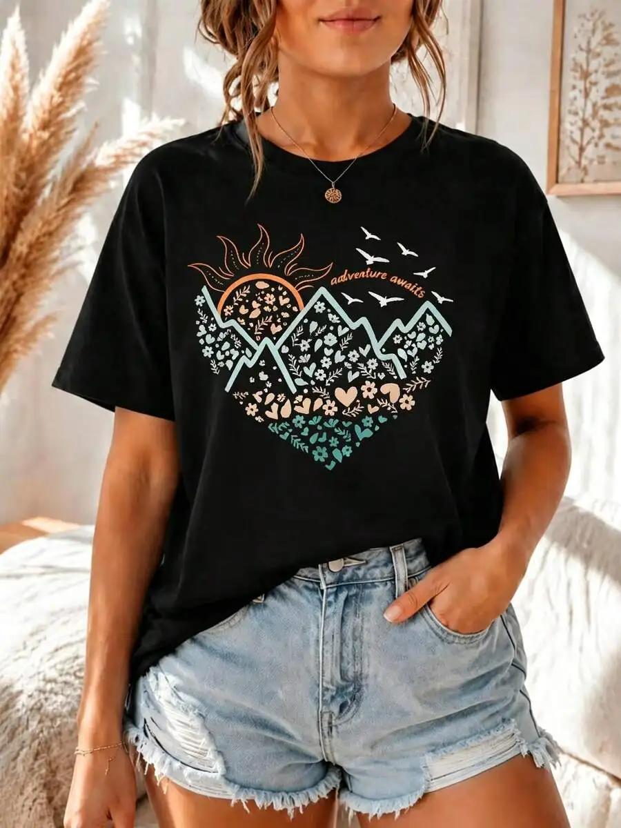 Women Boho Style Short Sleeve T Shirt Heart Mountain Sun Print Casual Loose Fit Summer Daily Wear Trendy Summer Outfit Top