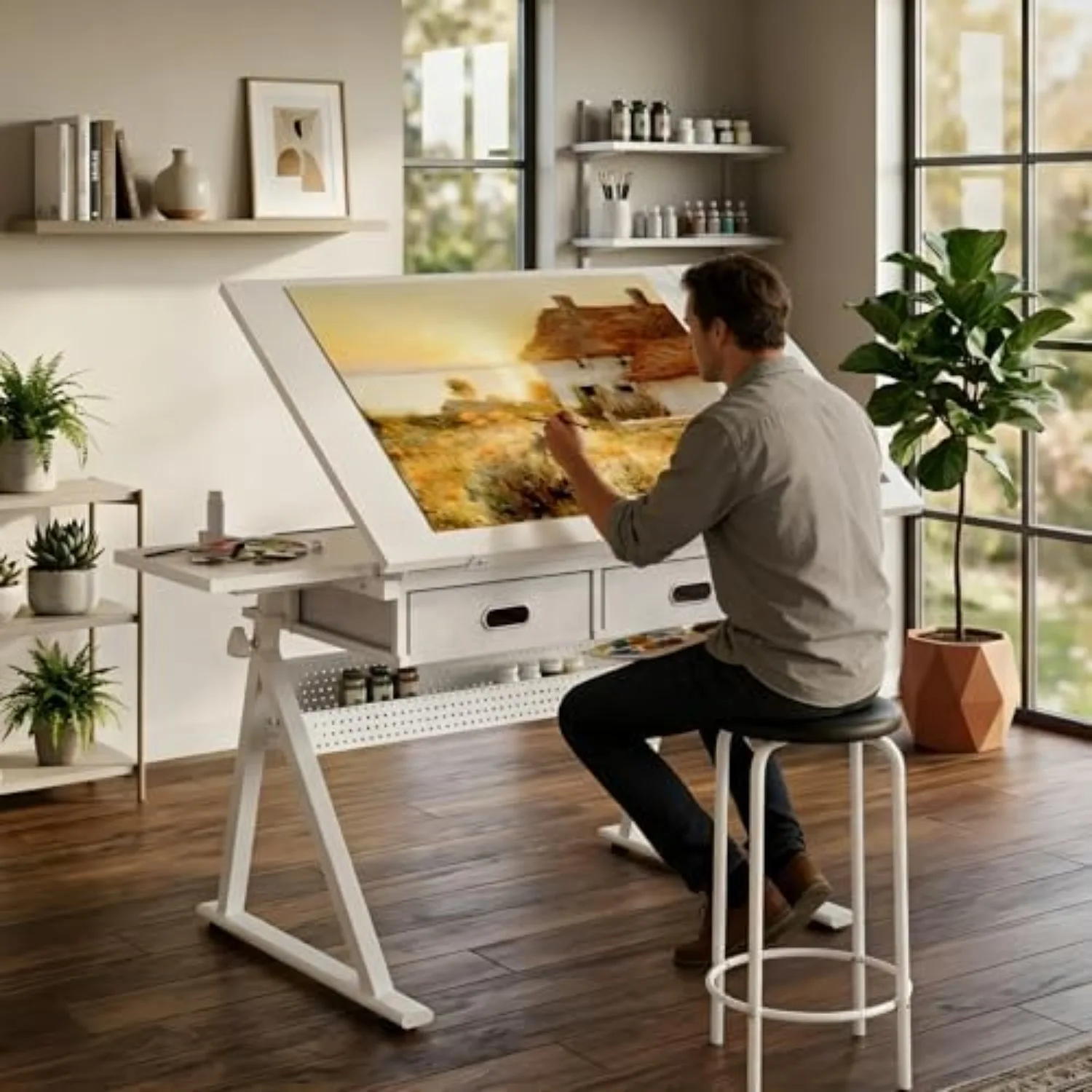Drafting Table, Height Adjustable Drawing Table Art Table with Stool, 0-75° Tilted Tabletop Artist Desk Painting Table
