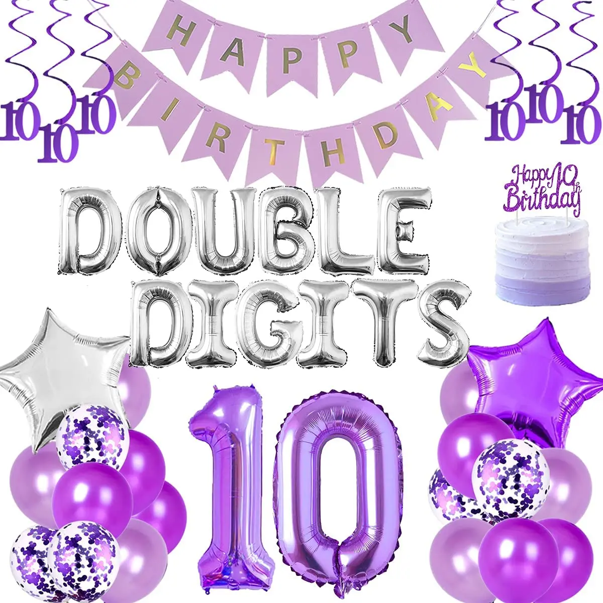 

Purple 10th Birthday Party Decorations for Girls Double Digits Number 10 Foil Balloon Cake Topper 10 Years Old Hanging Swirls