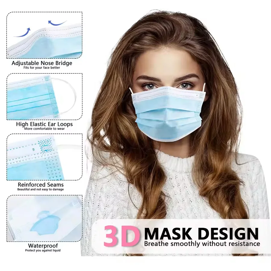 50Pcs/Box Masks 3-layer Mask Face Masks Melt Blown Cloth Disposable Anti-Dust Protective Masks Earloops Mouth Mask Mascarillas