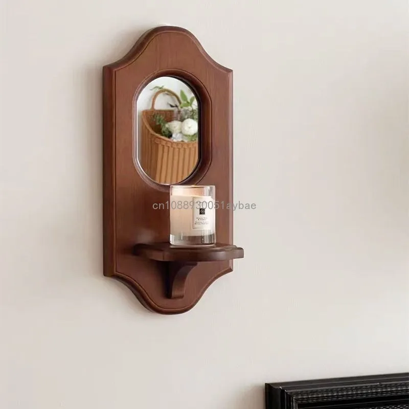

Retro Wall Decoration Mirror Medieval Solid Wood Aromatherapy Candlestick Shelf Wall Hanging French Decoration