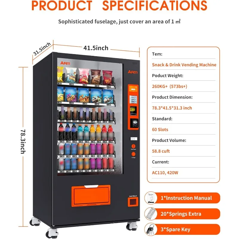Customized Commercial Vending Machine with Card Reader, 60 Slot Refrigerated Snack & Drink Combo Vending Machine