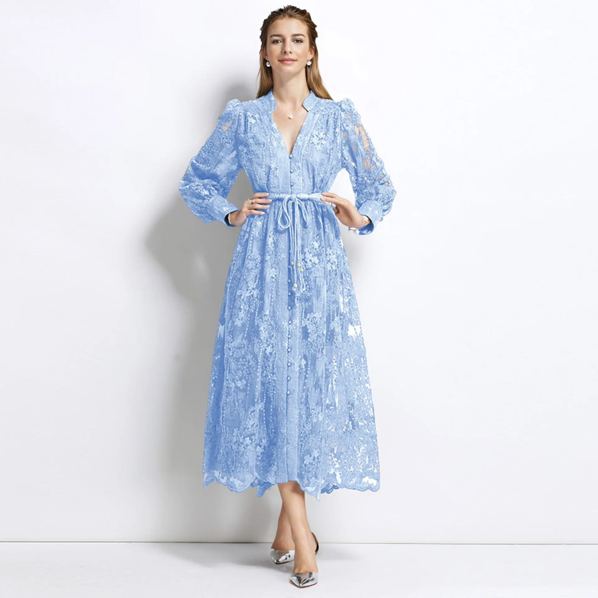 

Роскошное вечернее платье женское лето-осень вязаное крючком кружевное платье для выпускного вечера с длинными рукавами однобортное платье с вышивкой Vestidos