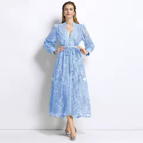 Luxury Formal Evening Dress Women Summer Autumn Crochet Long Sleeve Lace Prom Dresses Embroidery Single Breasted Vestidos