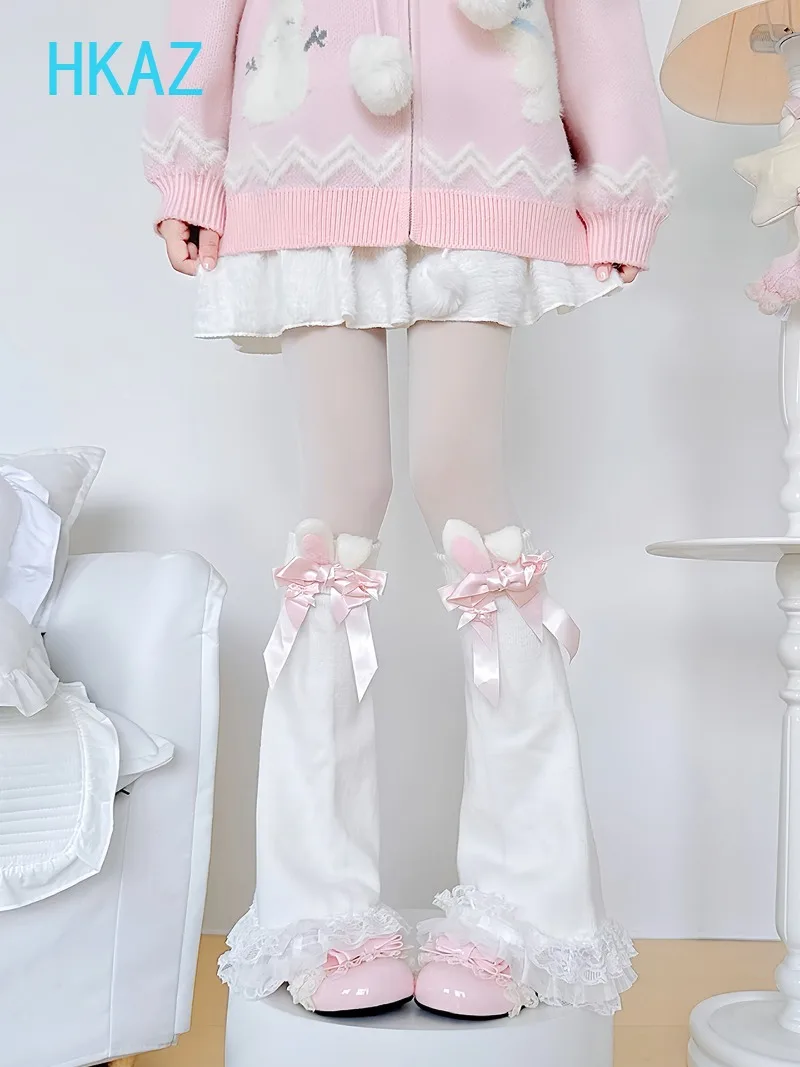 Original 3D Rabbit Ear Leg Warmers Autumn and Winter New Lolita Bow sweet Girl Imitation Mink Lace Wide Leg Stacking Socks Cover