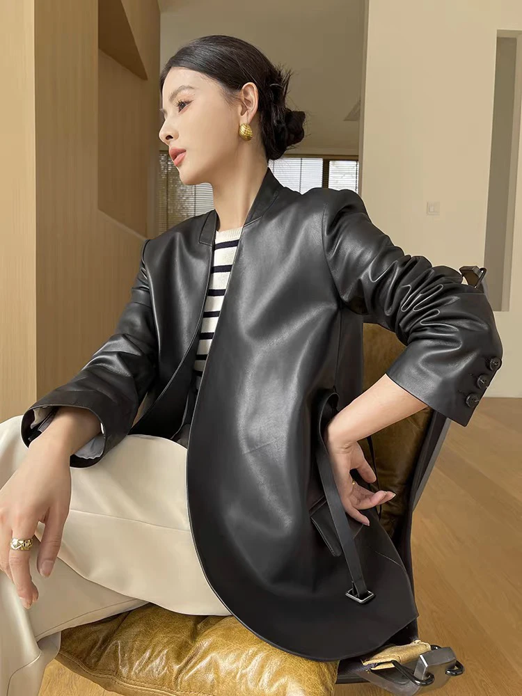 패션 봄 여성 의류 우아한 여성 정품 가죽 코트 V 넥 벨트 자켓 streetwear 블랙 오피스 레이디