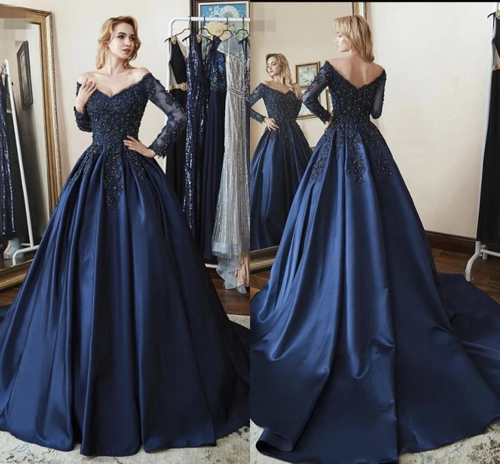 

ANGELSBRIDEP Navy-Blue Ball Gown Quinceanera Dresses Vestidos De 15 Anos V-Neck Applique Long Sleeves Cinderella Birthday Gowns