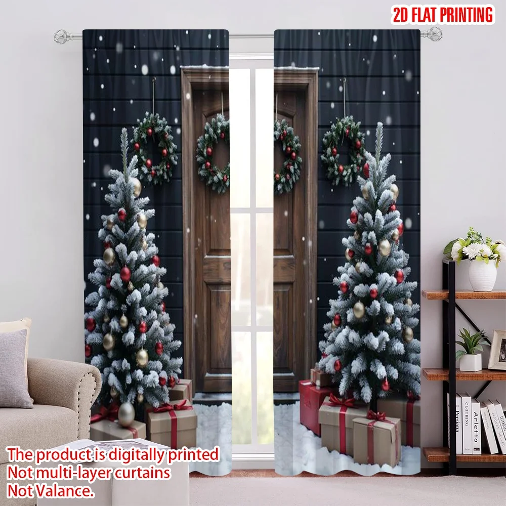 

2pcs 2D flat printing Christmas Window Drapes Snow Scenery of Country Valley Cangmu Versatile Polyester Fabric Without
