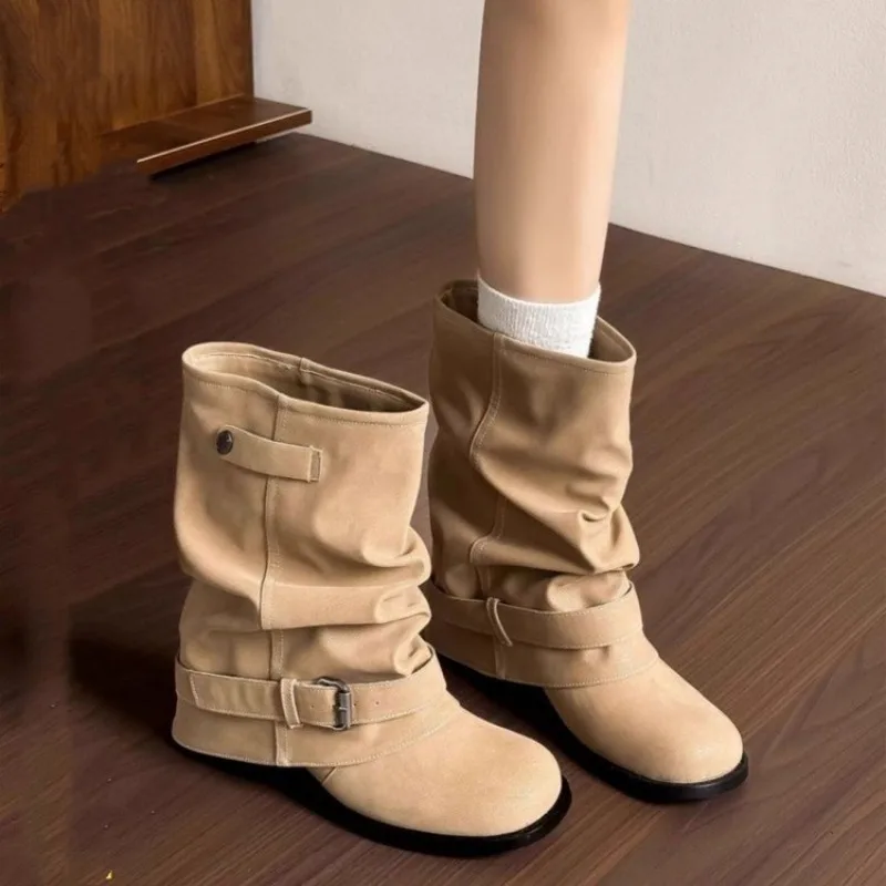 Women Round Toe Mid Calf Slouch Boots Faux Leather Double Buckle Straps Thick Platform Sole Retro Cowgirl Western Pull On Boots