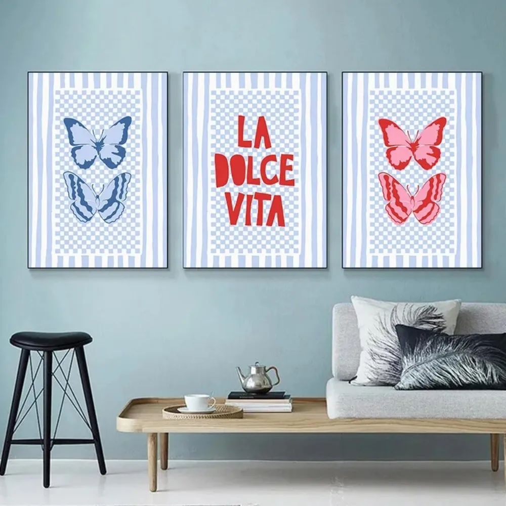 Preppy Blue Striped Checkerboard Poster Pink Butterfly Cherry LA DOLCE VITA French Quote Print Girly Bedroom Nursery Wall Decor