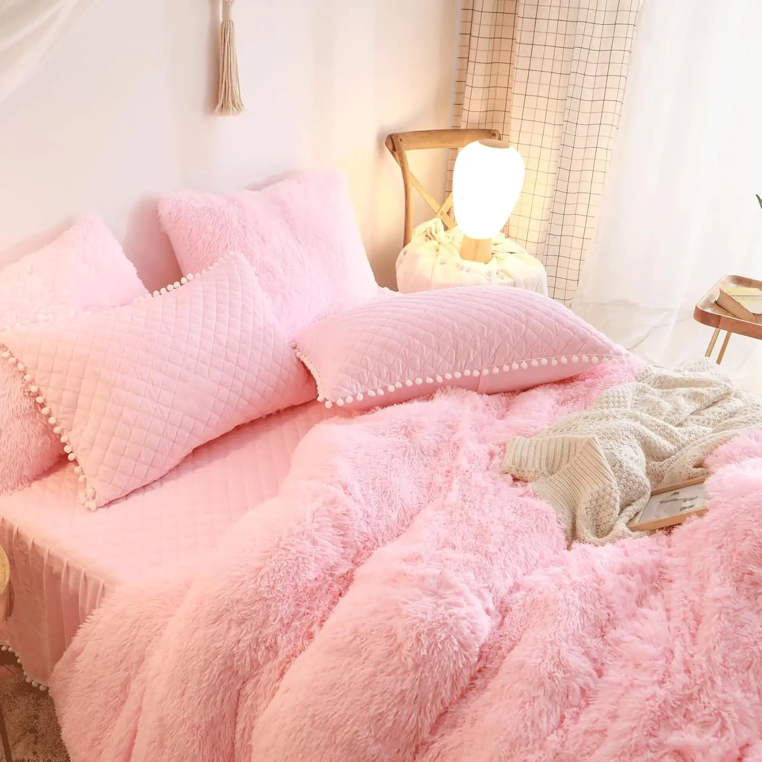 Soft Pink Furry Queen Bedding Set - 3 Piece Duvet Cover with Pillow Cases, Zipper Closure