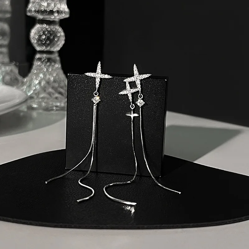 Exquisite 925 Sterling Silver Asymmetrical Star-shaped Long Tassel Zircon Dangle Earrings for Woman Korean Designer Jewelry Gift
