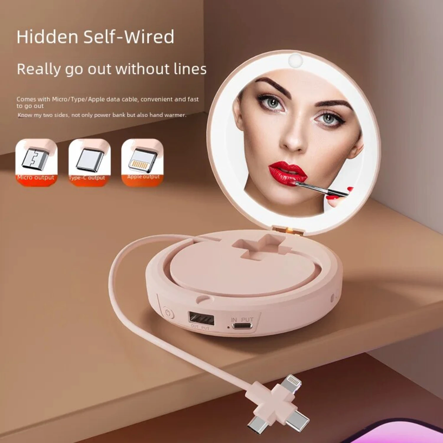 

Warm and Cozy Vintage Double-Sided Makeup Mirror with Multi-Functional Three-in-One Handbag,USB Charging Line