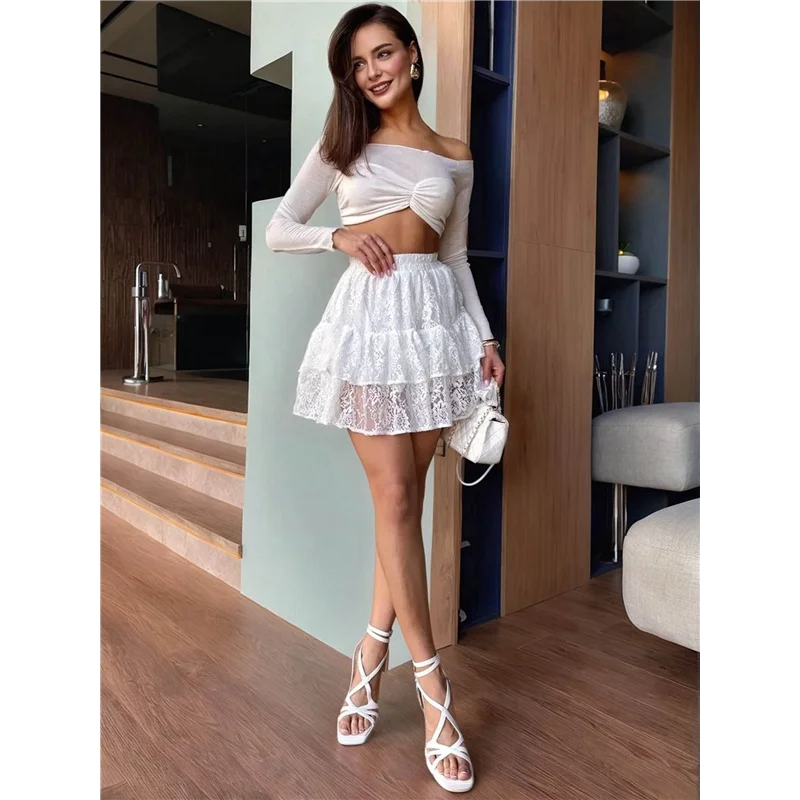 

Women's Mini Skirt Lace High Waisted Ruffle Short Skirts-A55G