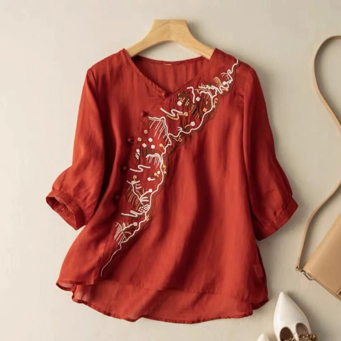 

Ethnic Style Embroidered Cotton Linen Sleeveless Blouse Women Summer New Slant Lapel Vintage Loose Thin Shirt