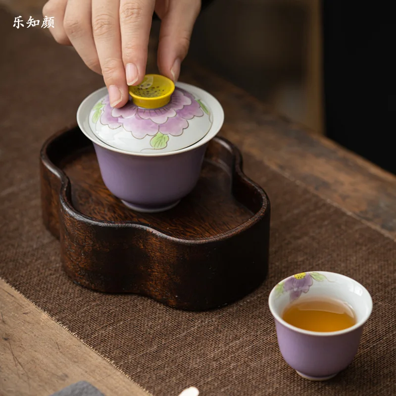 Tureen Hand-Painted Peony Hibiscus Purple Porcelain Gaiwan Chinese Small Size Tea Brewing Bowl Household Ladies Single Tureen