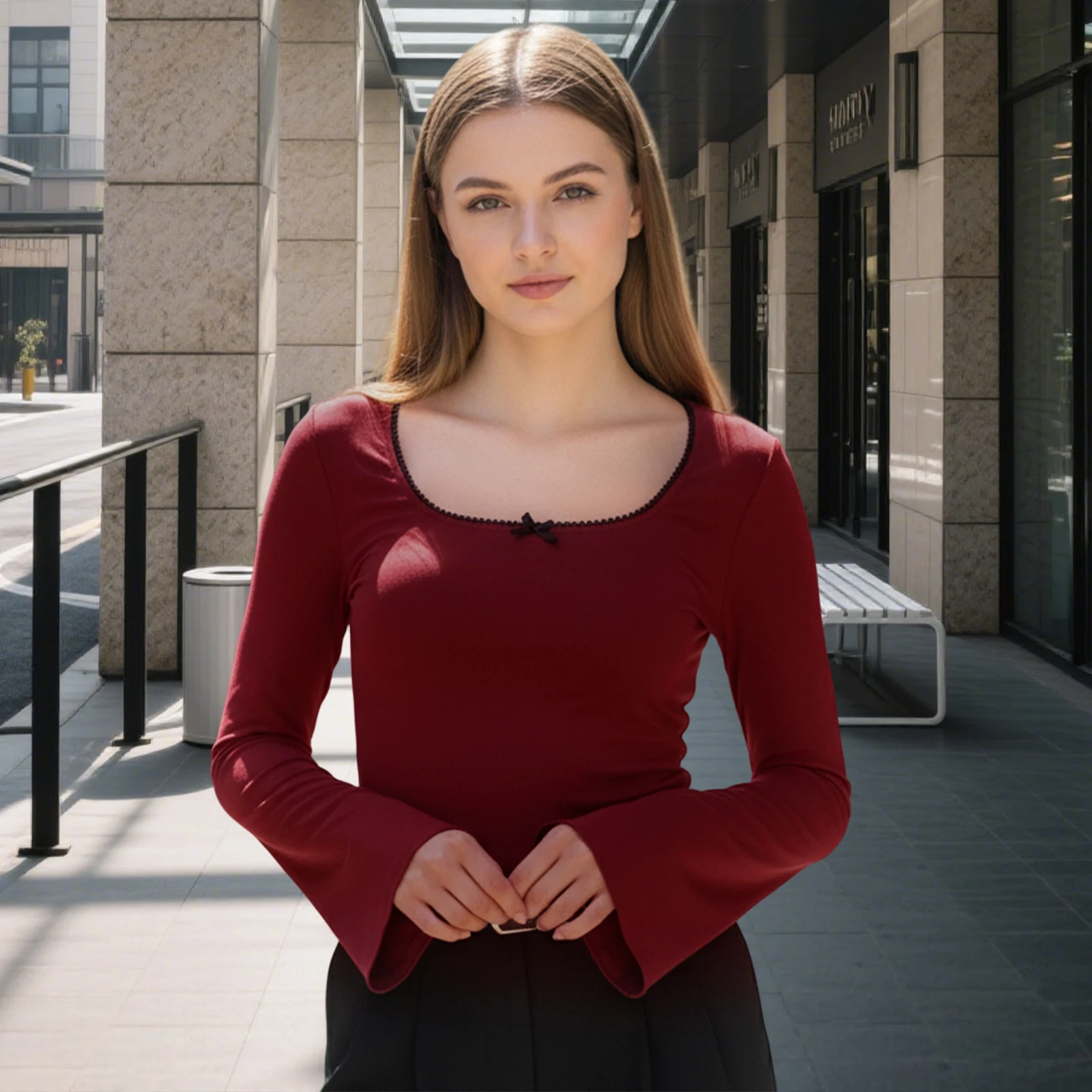 

Women Spring Fall T-shirt Elegant Long Sleeve Square Neck Bow Slim Fit Ladies Basic Tops Streetwear