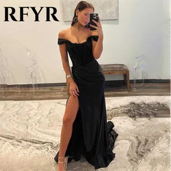 RFYR Black Prom Dresses Trumpet O-Neck Evening Dress Off The Shoulder Satin Party Dress with High Split Pleats Vestidos De Noche