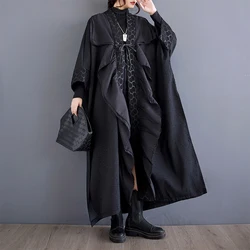 #6925 Autumn Winter Black Irregular Trench Coat Women Cardigan Kimono Coat Women Loose Spliced Ruffles Streetwear France Style