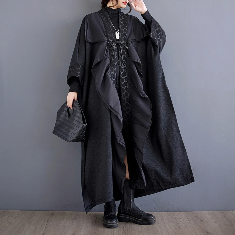 #6925 Autumn Winter Black Irregular Trench Coat Women Cardigan Kimono Coat Women Loose Spliced Ruffles Streetwear France Style 