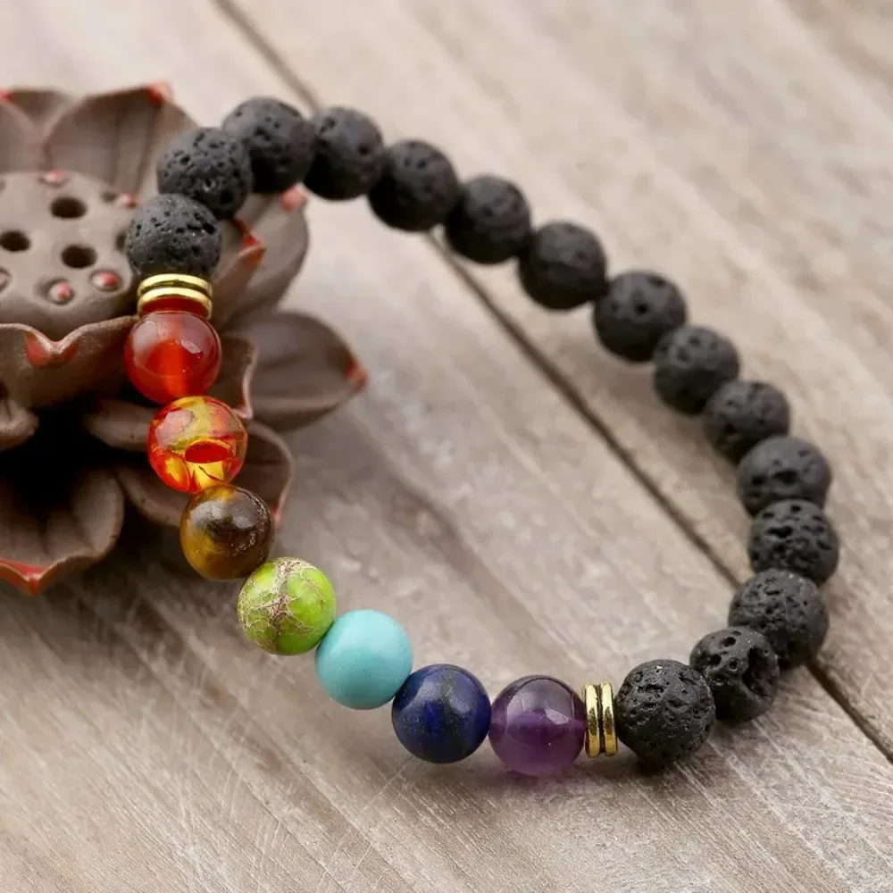 FSUNION New Fashion Style 7 Chakra Healing Beaded Bracelet Natural Lava Stone Diffuser  Jewelry Best Friend 2025 Gift