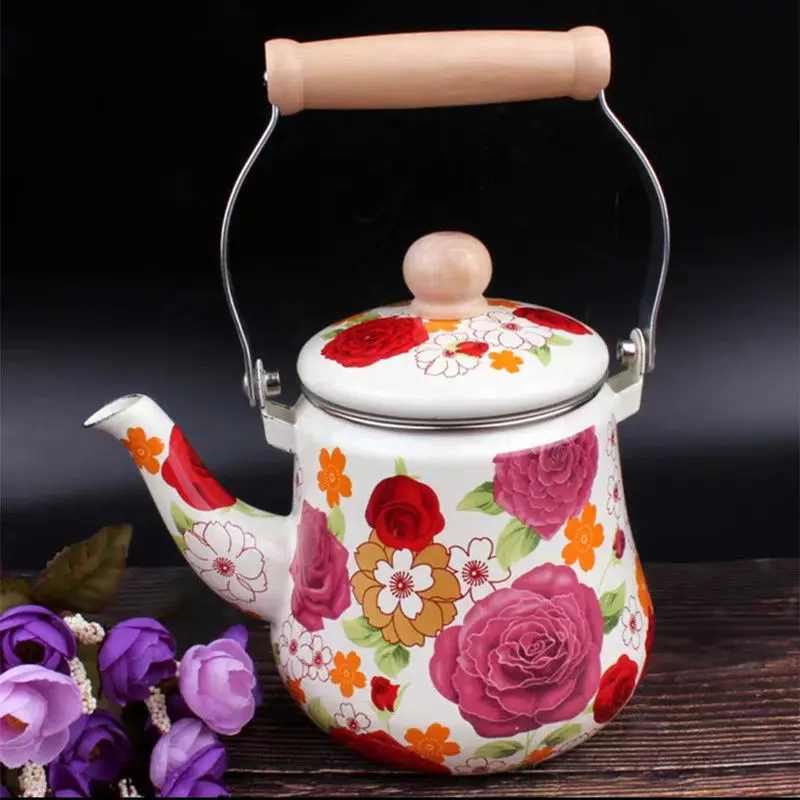 1.5L Elegant Flat Bottom Painted Enamel Boiling Tea Kettle with Tea Leak Induction Hob Open Flame Universal Tea Pot