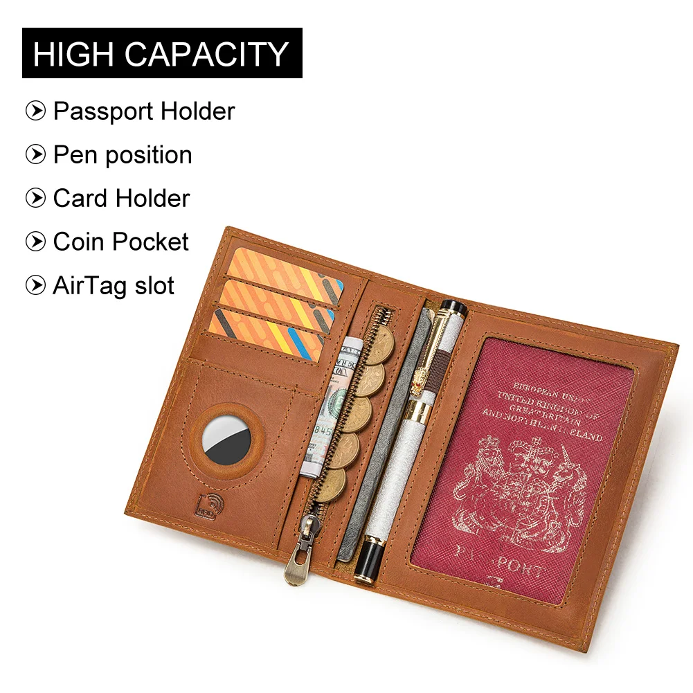 Rfid Blocking Protection Passport Holder with AirTag Genuine Leather Travel Accessory Passport Credit Holder Holder unisex